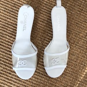 Chanel White Perspex PVC White Leather Slides